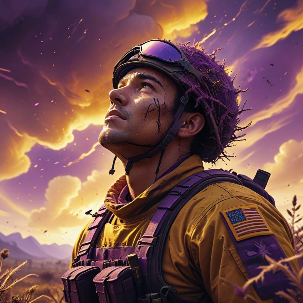 Soldier Gazes at Duality Sky: Sci-Fi Digital Art