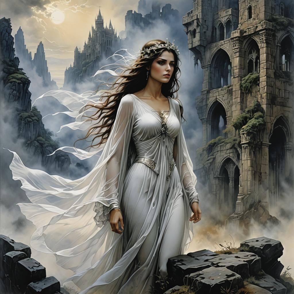 Ethereal Female Ghost in Misty Ruins