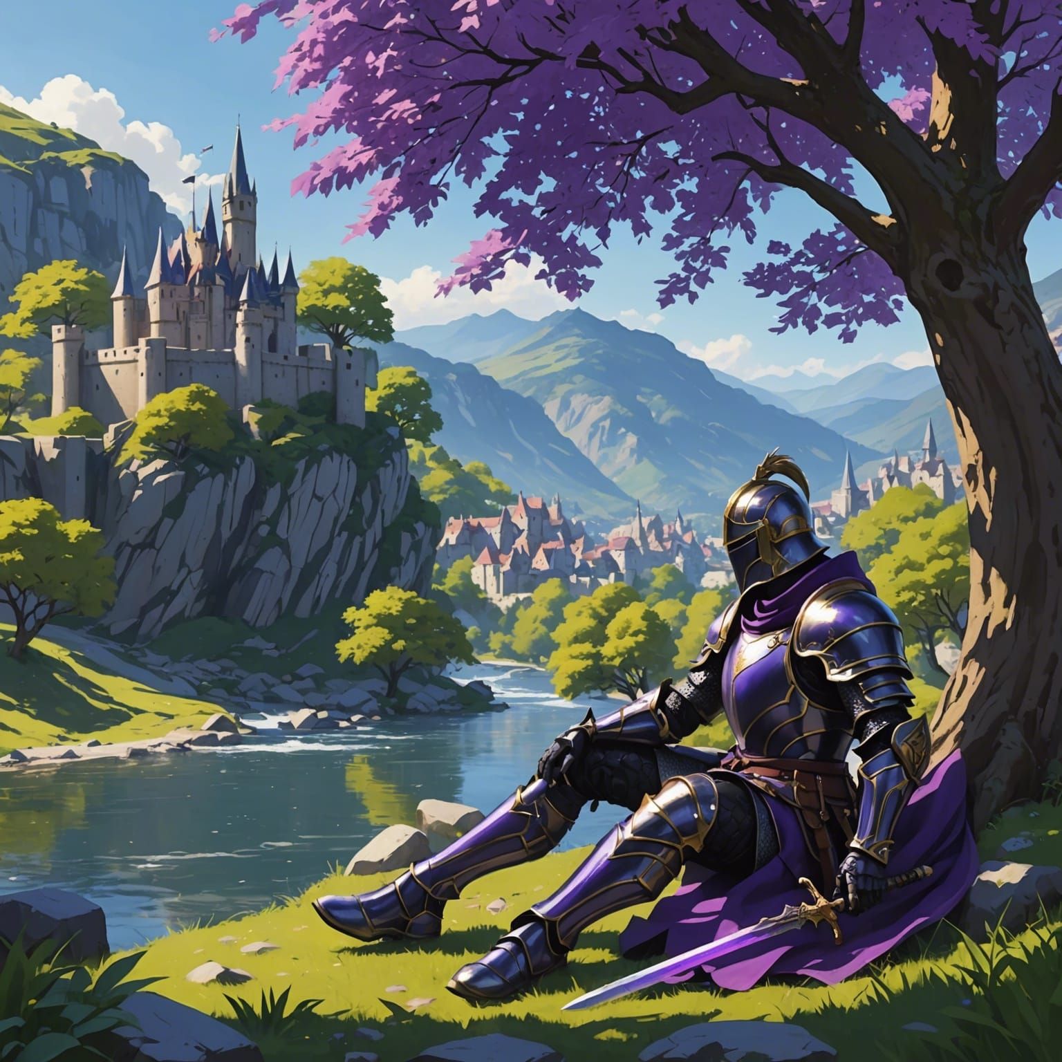 Resting Knight with Purple Sword in Anime Style