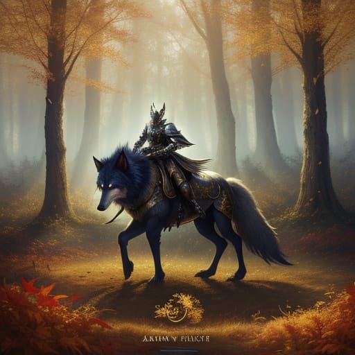 Knight Awakens in Ethereal Autumn Garden with Wolf