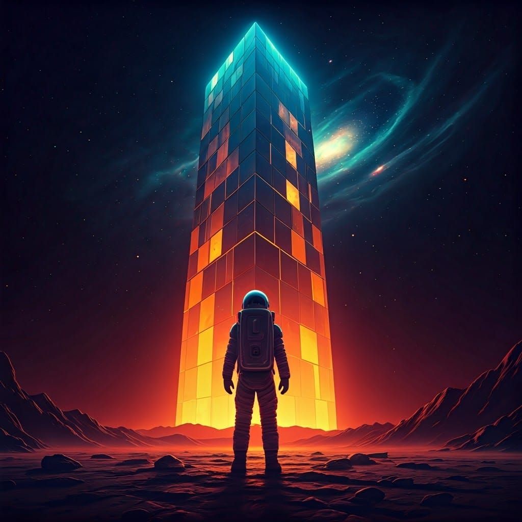 Astronaut and Alien Monolith in a Cosmic Landscape