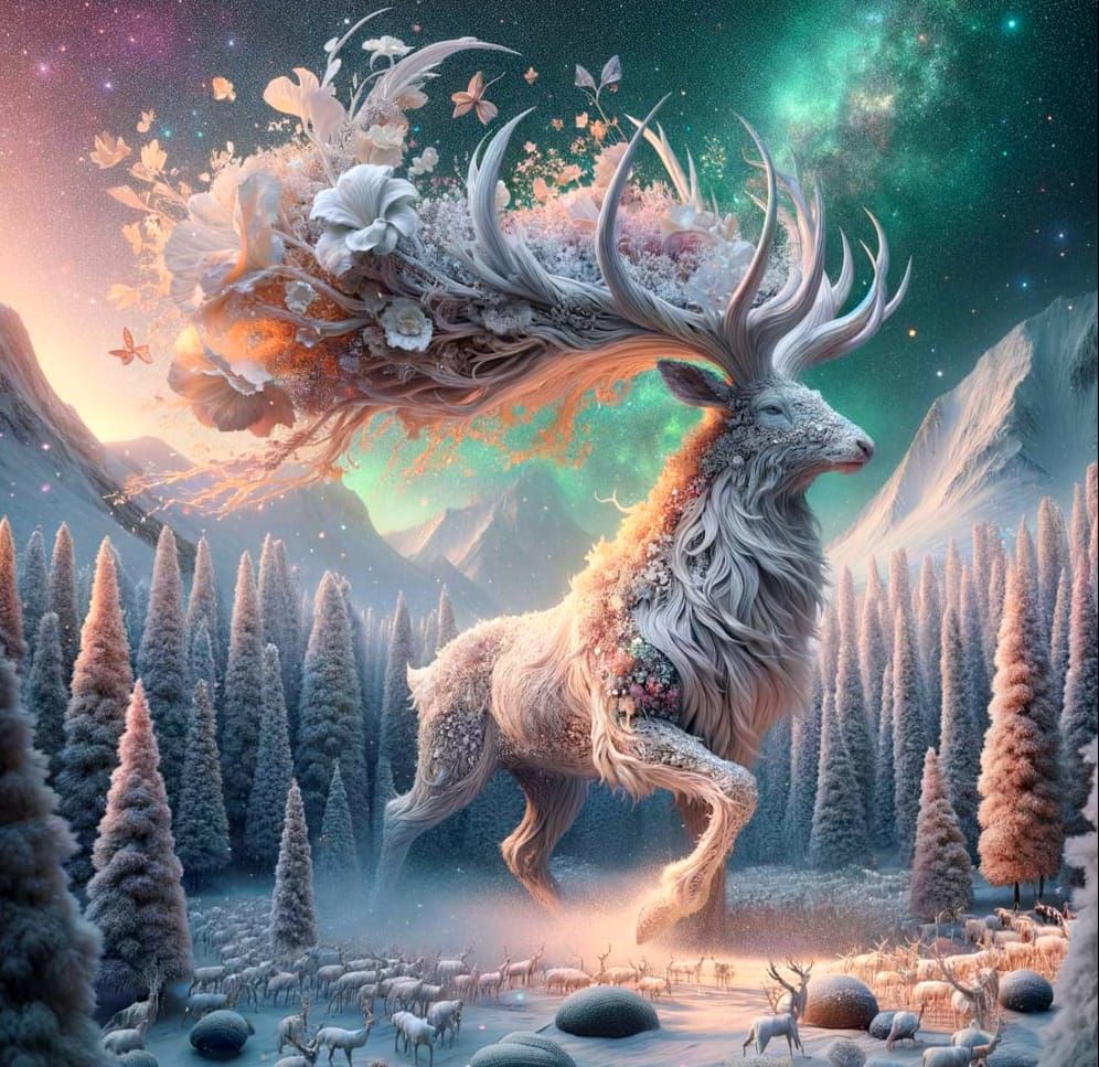 Majestic White Stag in Surreal Winter Forest