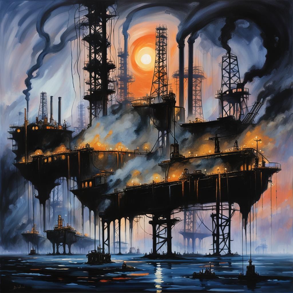 Dystopian Oil Rigs in Surrealist Landscape
