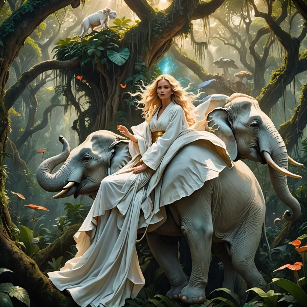 Woman on White Elephant in Dreamy Jungle