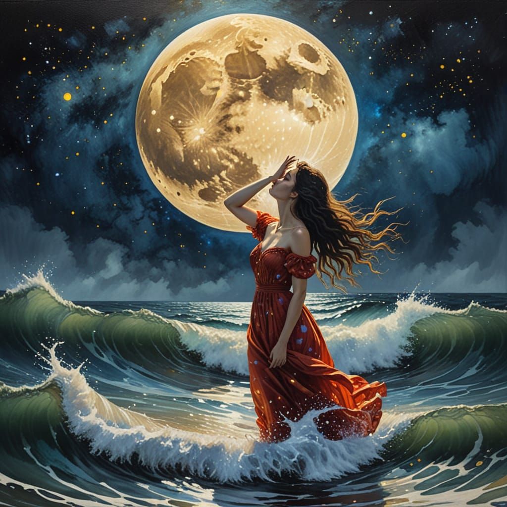 Woman Moon Kisses Sea in Impasto Gouache Style