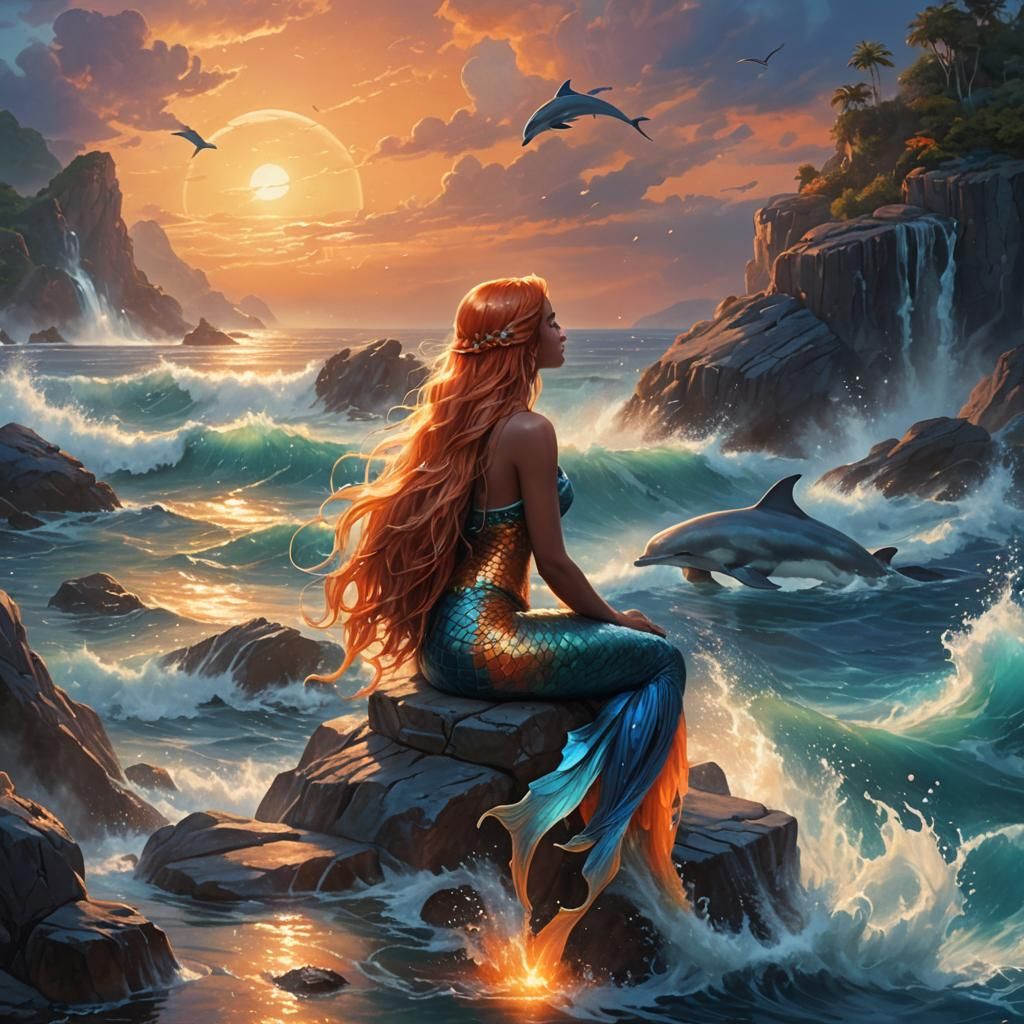 Mystical Mermaid Watching Sunset in Fantasy Art