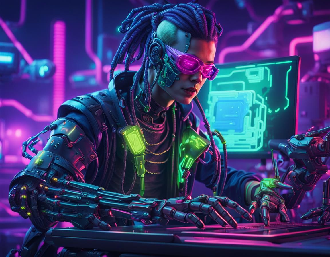 Cyberpunk Pirate Cyborg Hacking in Neon City
