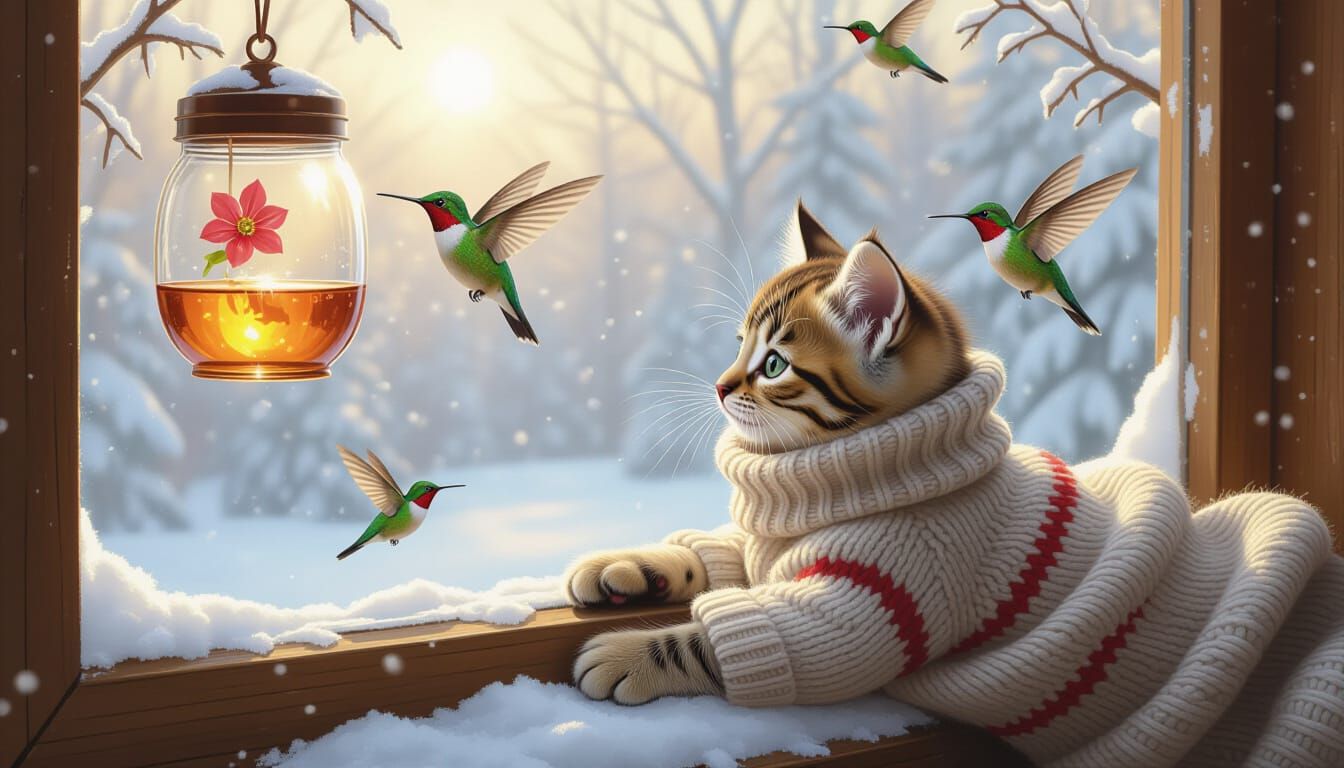 Kitten Watching Hummingbirds in Winter, Wildlife Realism