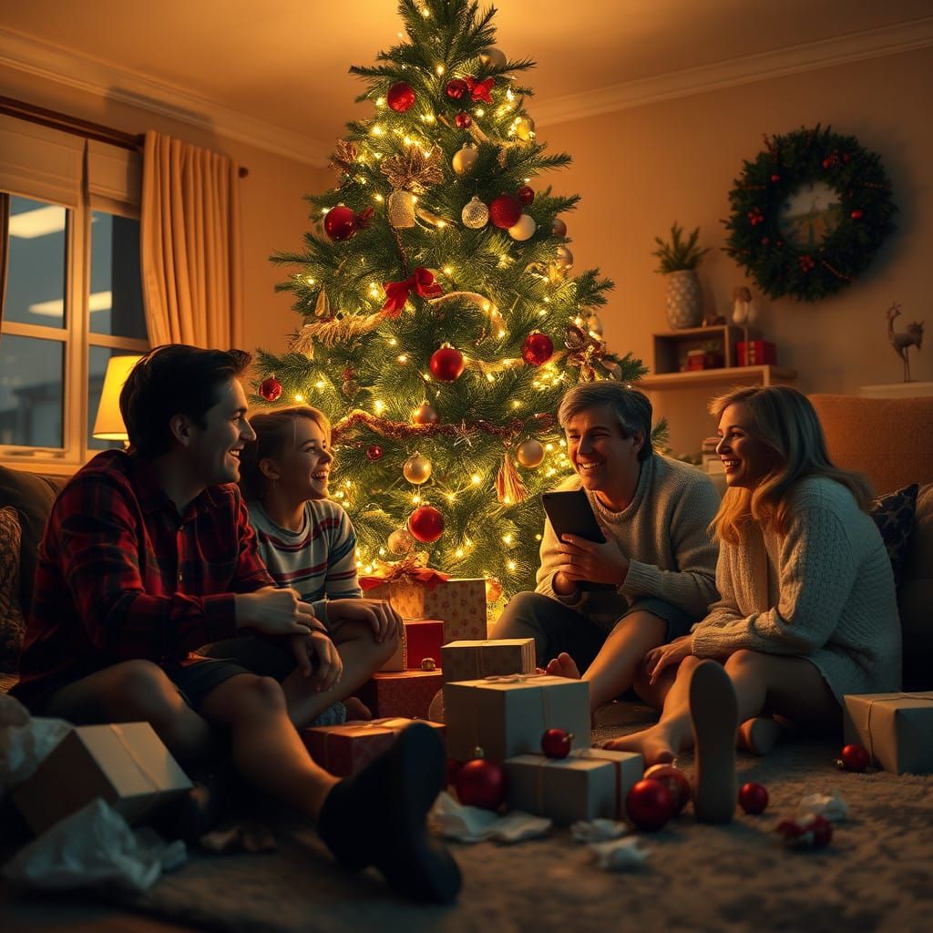Warm Family Moments Under Christmas Tree in Cozy Suburban Ho...
