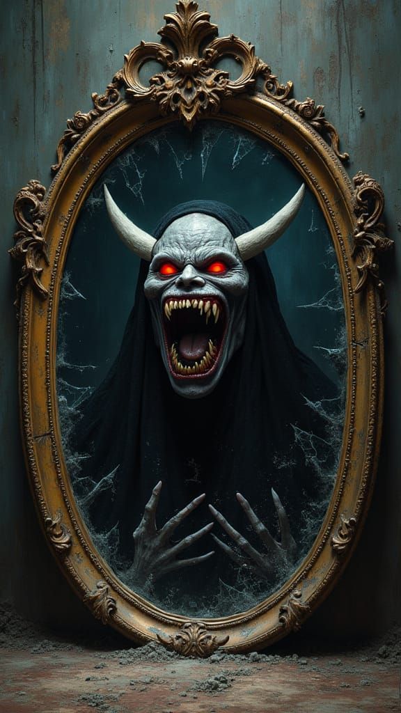 Cosmic Horror Mirror Reflects Ghoulish Grin and Shadow Entit...