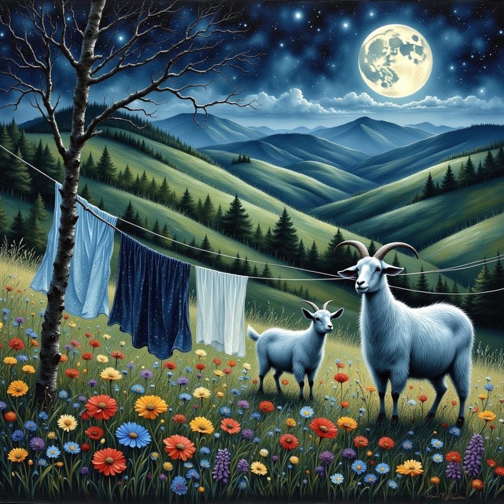 Billy Goats Laundry Feast Under Moonlight