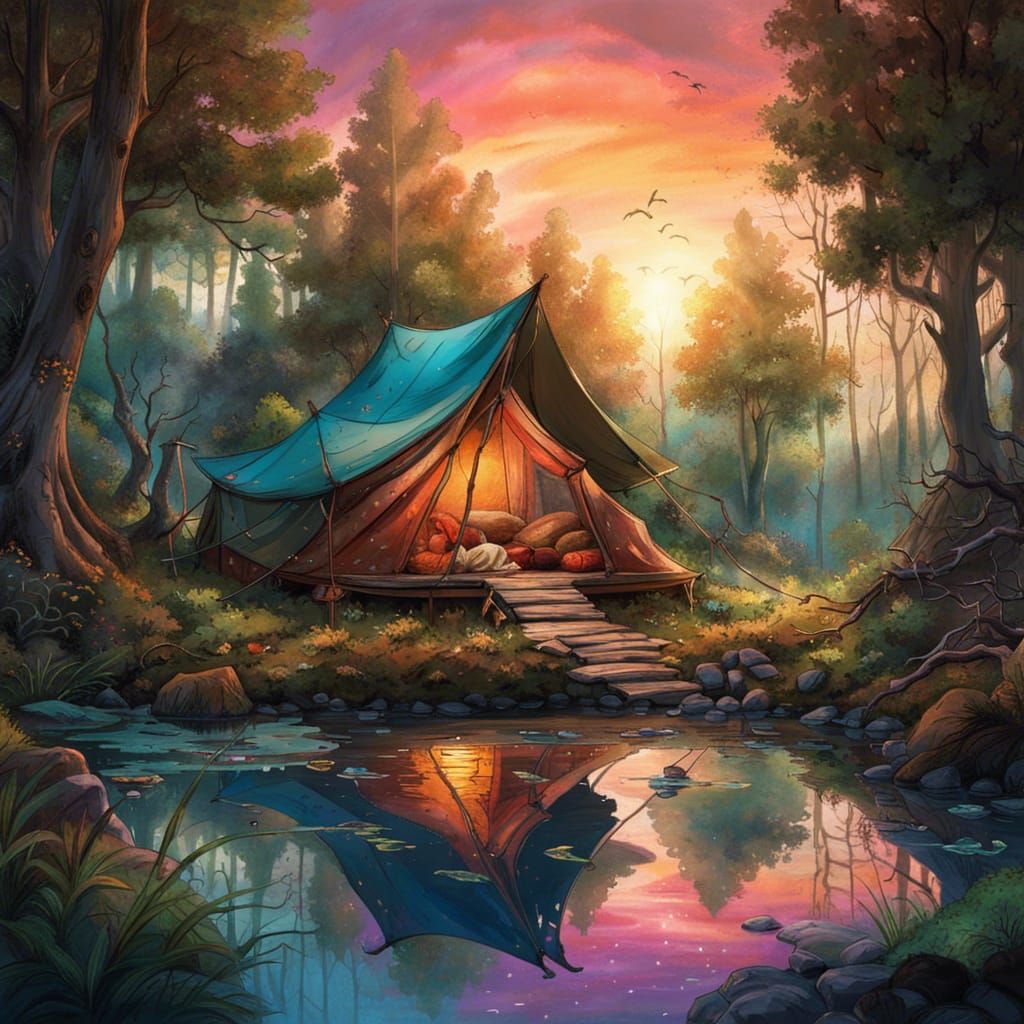 Woodland Campsite with Pond in Fantasycore Style