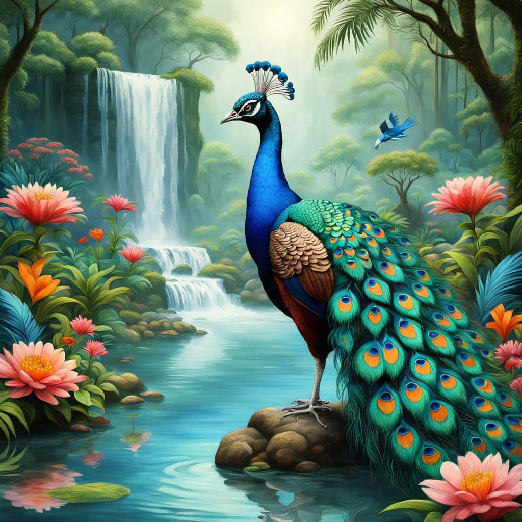 Surreal Peacock Wades Through Shimmering Water, Flanked by a...