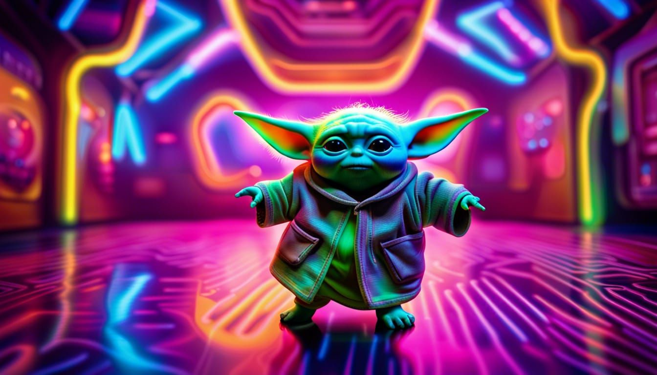 Psychedelic Obese Baby Yoda Dancing in Neon Club