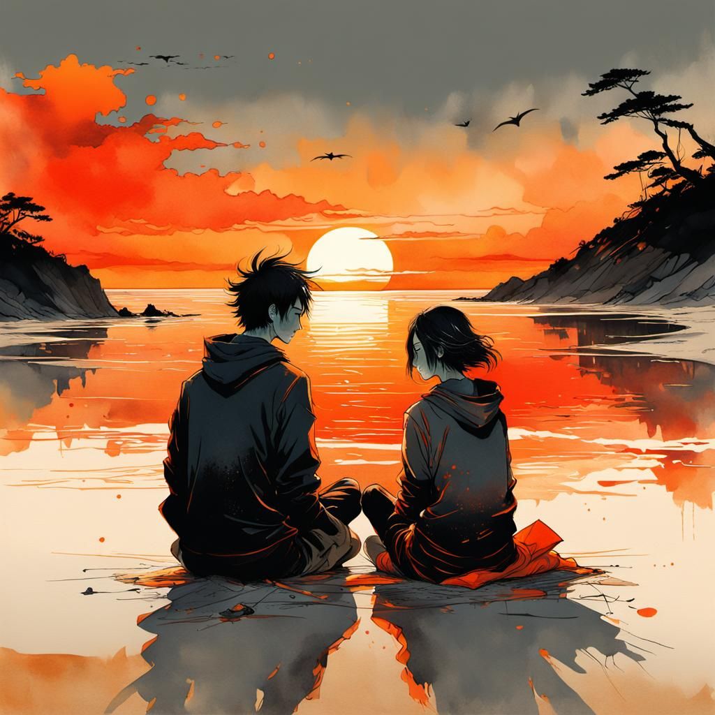 Hugging Teenagers at Sunset in Sumi-e Watercolor