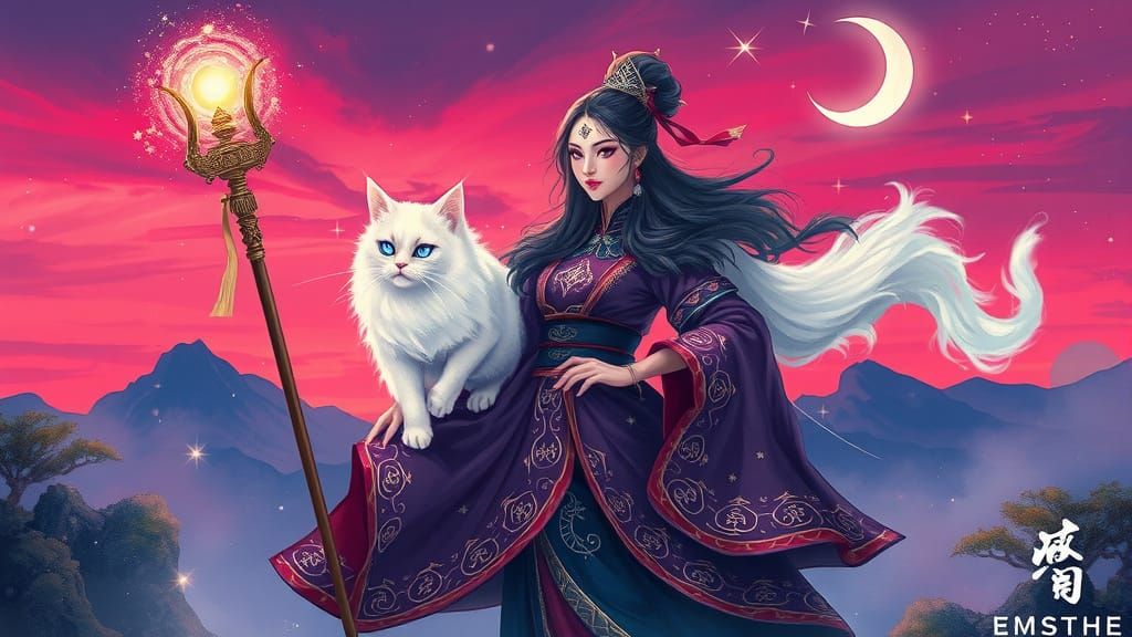 Twilight Sorceress and Ethereal Cat in Magical Landscape