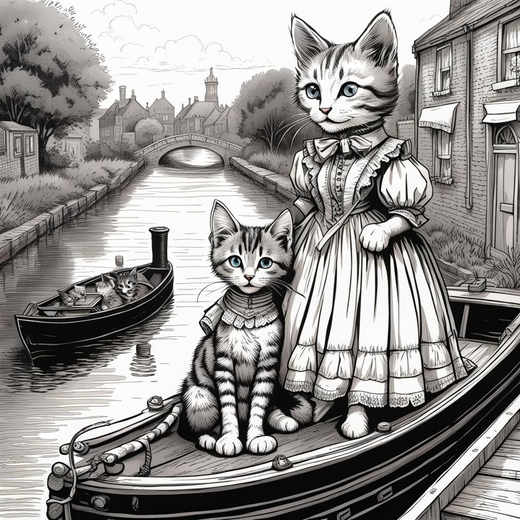 Victorian Kittens on Canal Boat in Tenniel Style