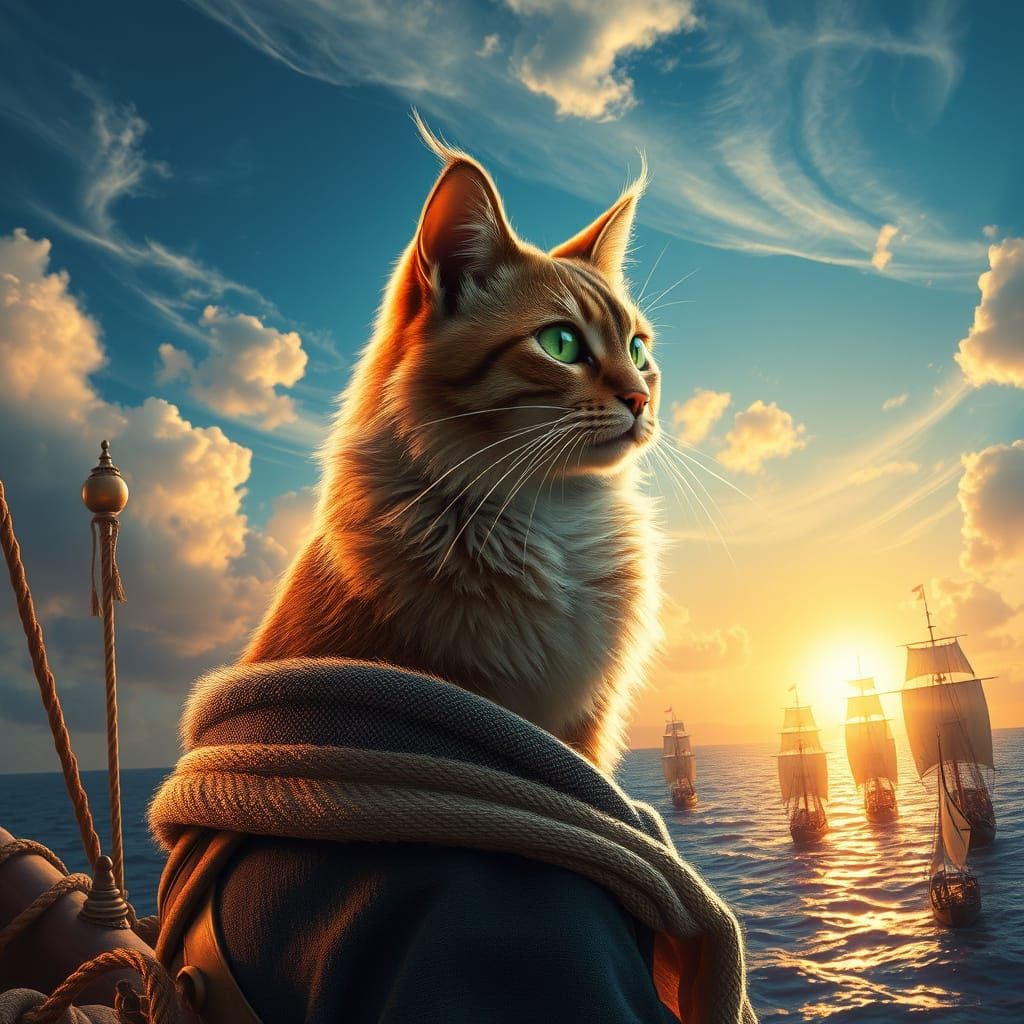 Regal Feline Seeks Adventure on a Sailor's Shoulder