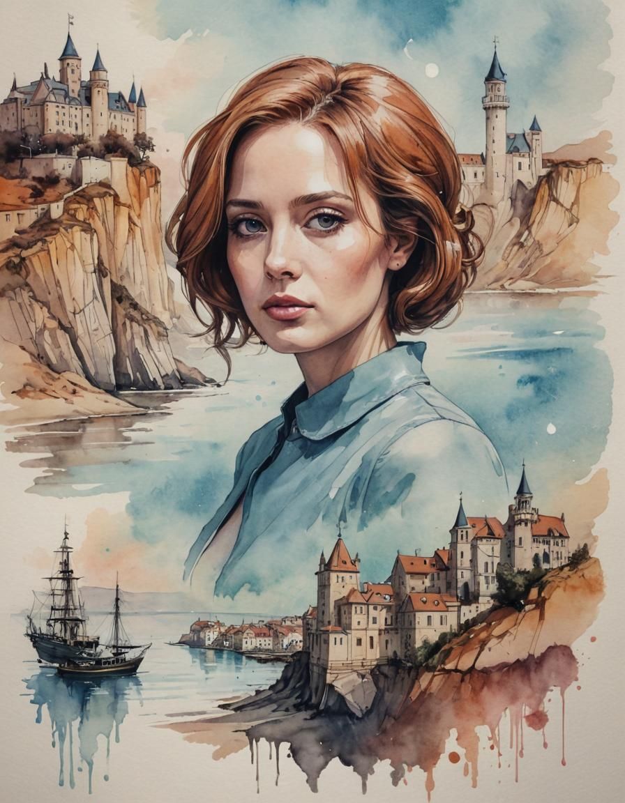 Dana Scully in King's Landing, Surreal Watercolor Portrait