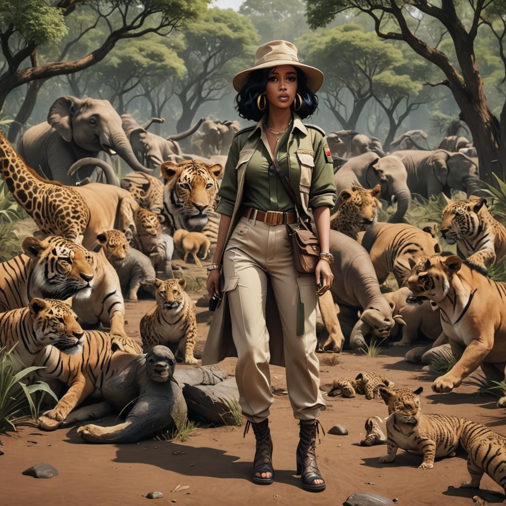 Safari Outfit Sinking in Quagmire: 3D Anime Art