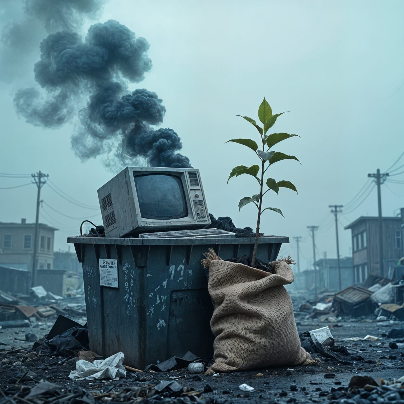 Resilient Sapling Emerges from Polluted Dumpster, Digital Ma...