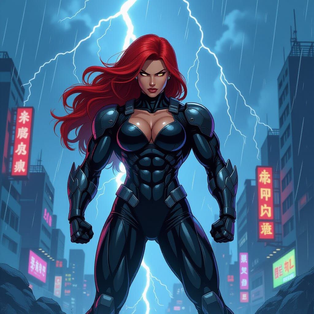 Cyberpunk Latina Bodybuilder in Electric Storm