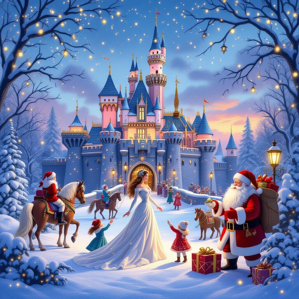 Enchanting Winter Castle Scene with Woman and Magical Creatu...
