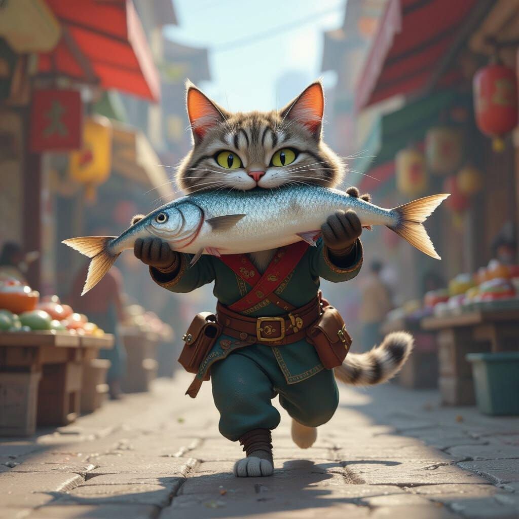 Mischievous Cat Thief in Bustling Market, CGI Style
