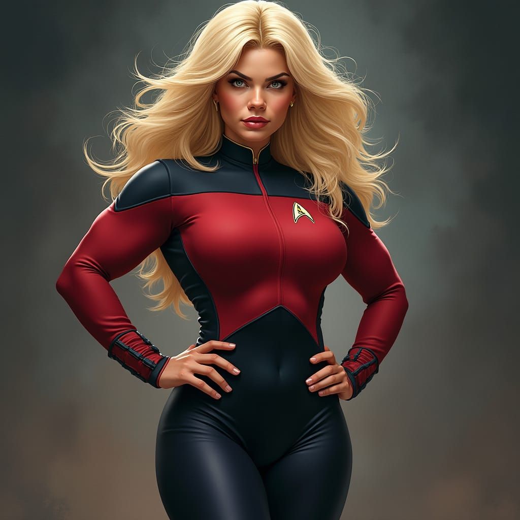 Female Bodybuilder in Star Trek Uniform: Detailed Sci-Fi Art