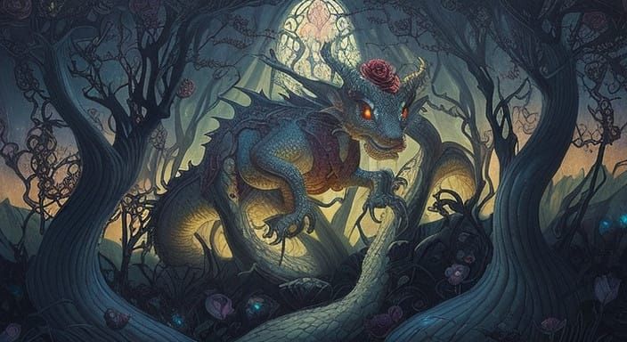 Gothic Romantic Baby Dragon in a Black Rose