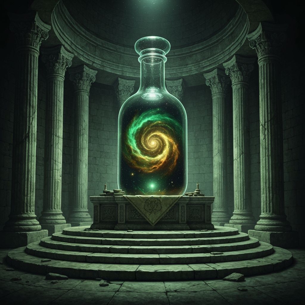 Emerald Nebula in Glass Vial, Surrealist Painting