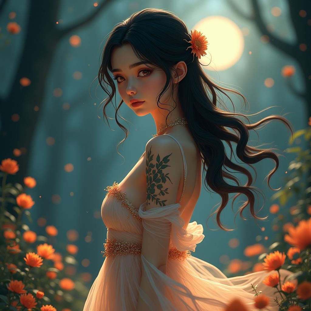 Mystical Woman in Moonlight, 3D Anime Style