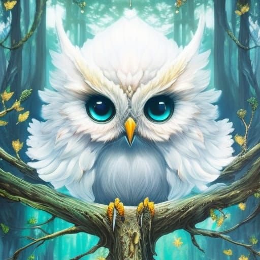 Detailed Chibi Red Owl Portrait in Forest