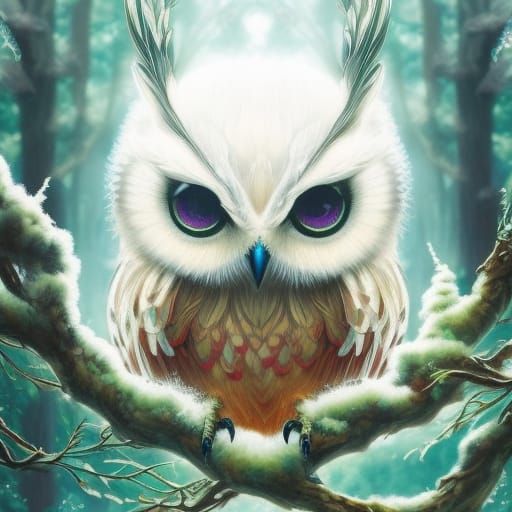 Detailed Chibi Red Owl Portrait in Forest