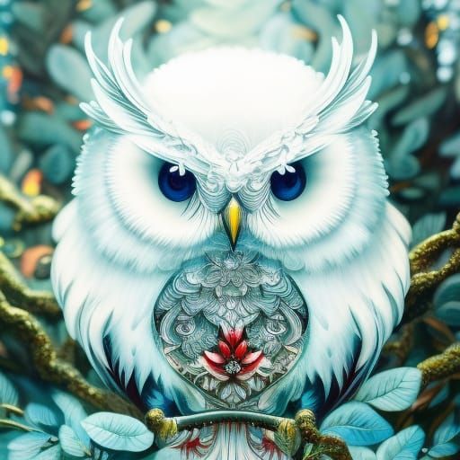Chibi Red Owl Portrait in Forest, Detailed Digital Art