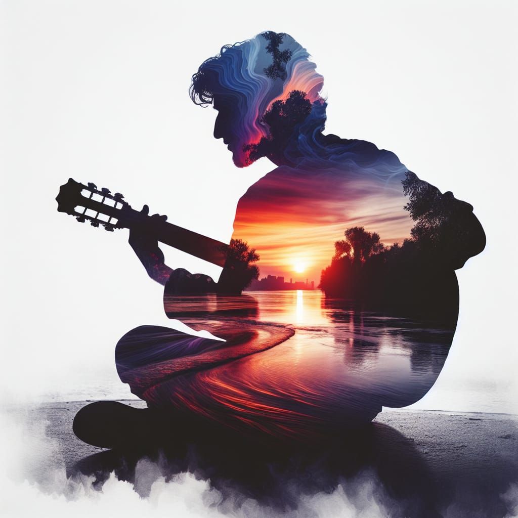 Guitar Silhouette Filled with Sunset Colors