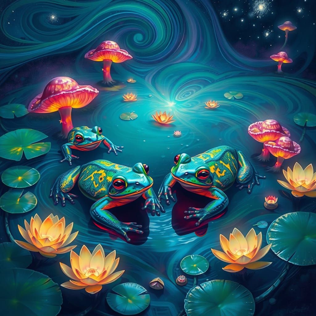 Glowing Bullfrogs in a Dreamy Pond