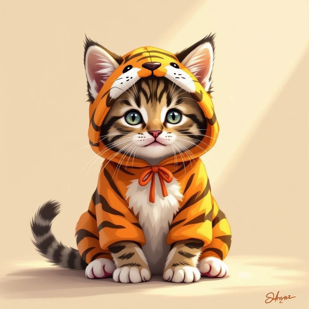 Tiny Kitten in Tiger Costume Digital Illustration