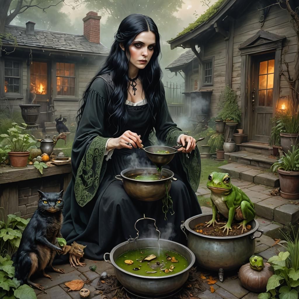 A beautiful, evil young witch, with green eyes, long black hair, is stirring a cauldron of Eye of newt and toe of frog, ...
