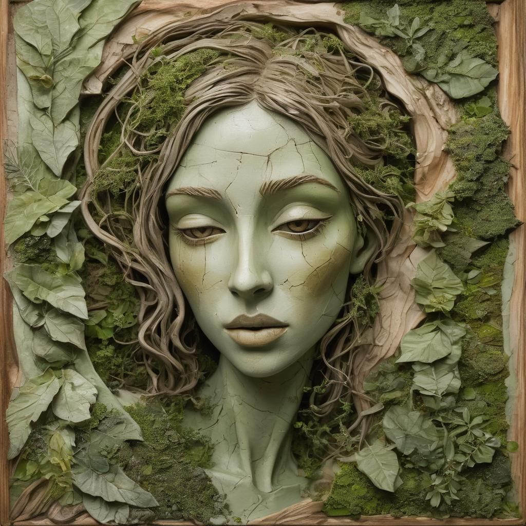 Caucasian woman in the form of cubism, contorted in impossible pose intricately sculpted in plaster covered in subtle gr...