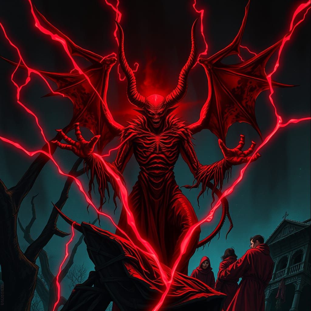 Demonic Figure Weaving Crimson Web in Noir Style