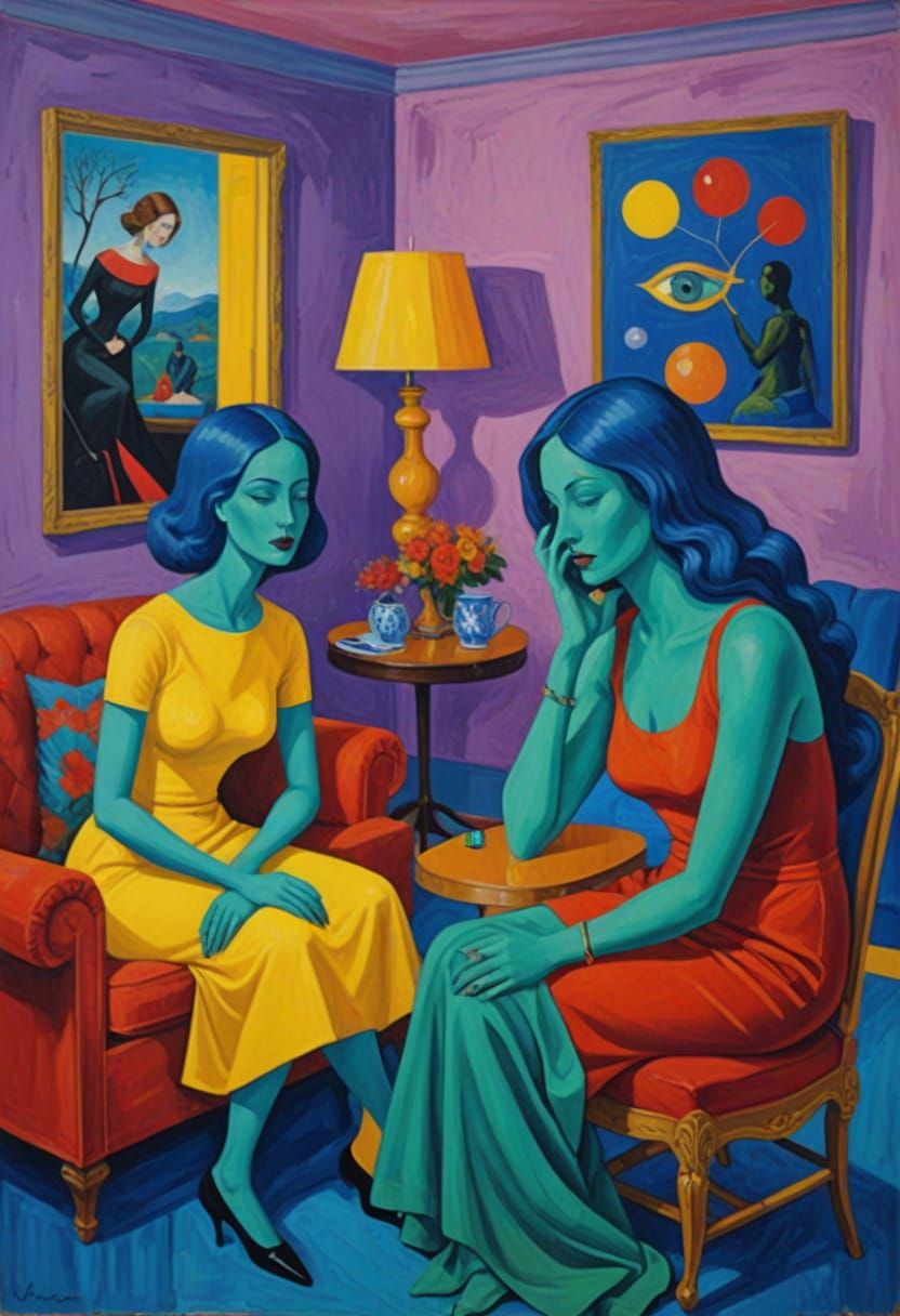 Surrealist Painting of Two Women in a Living Room