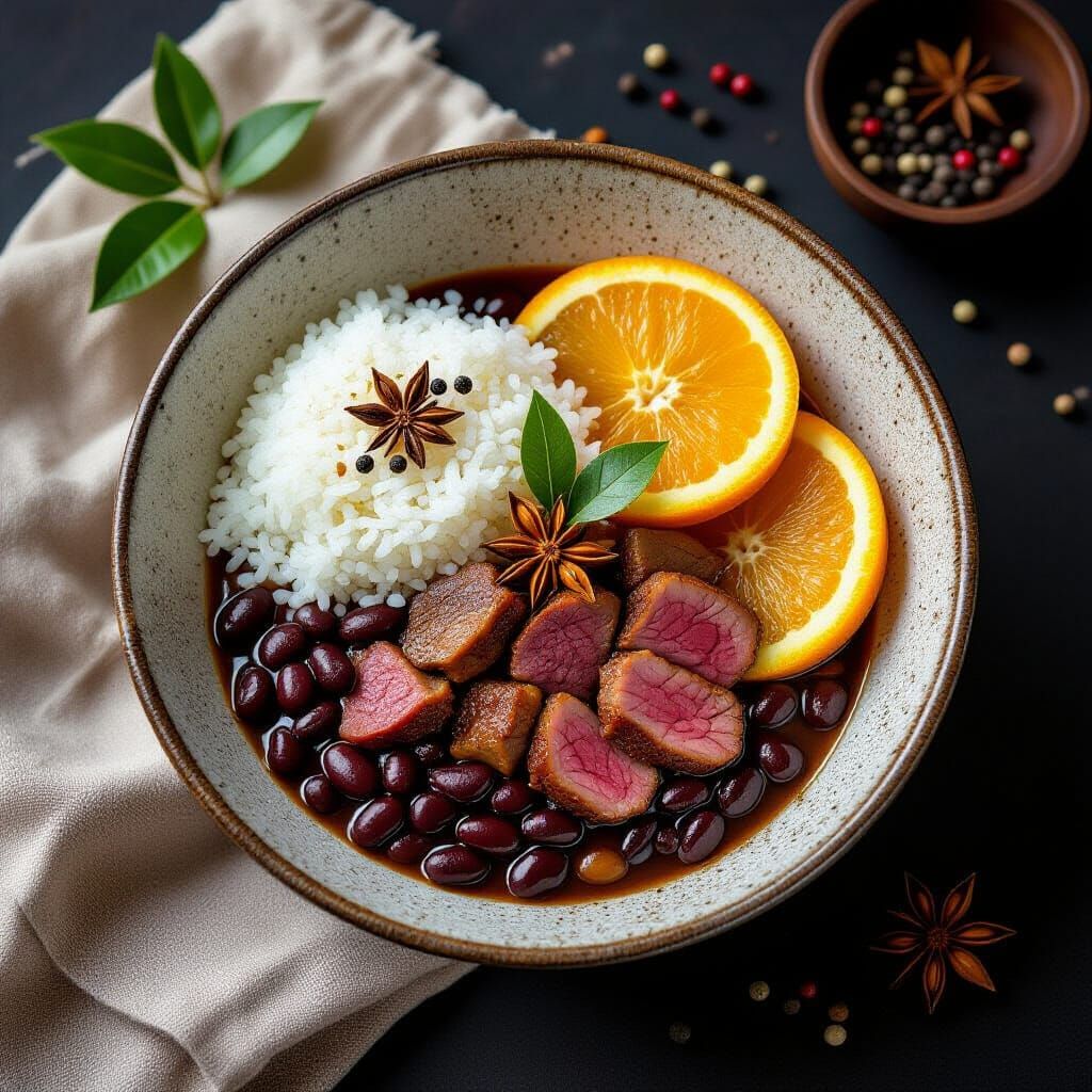 Elegant Feijoada Dish in Editorial Food Photography Style