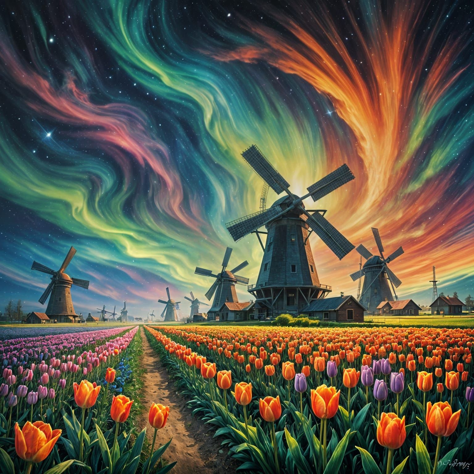Ethereal Impressionistic Tulips and Windmills Under Northern...