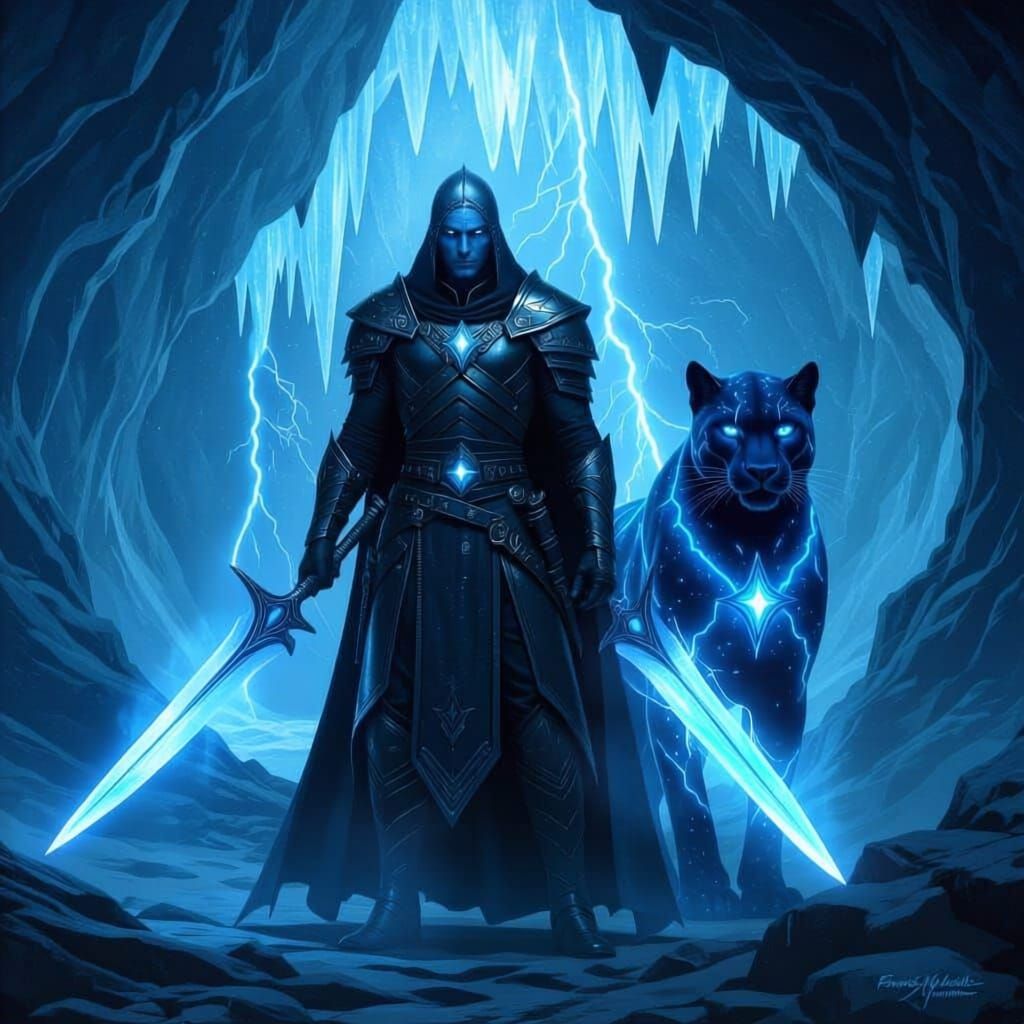 Drow Elf Warrior with Glowing Scimitars in Cavern