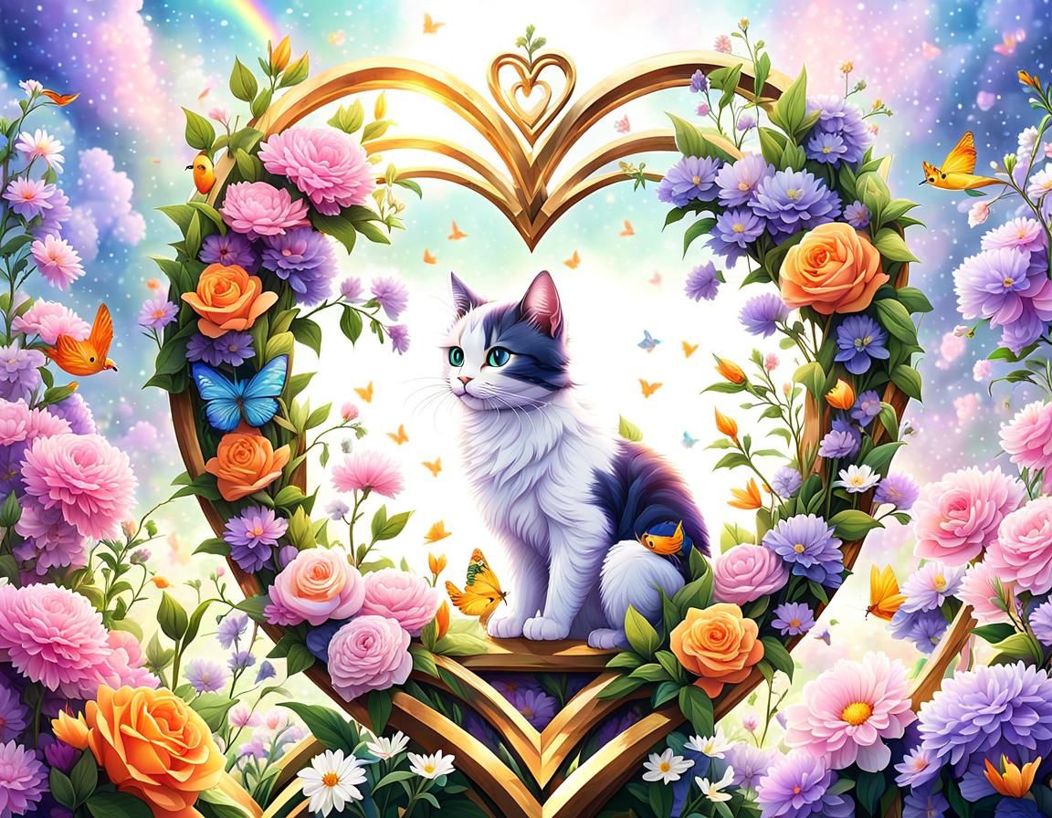 Spring Birds and Floral Cats in Anime Style