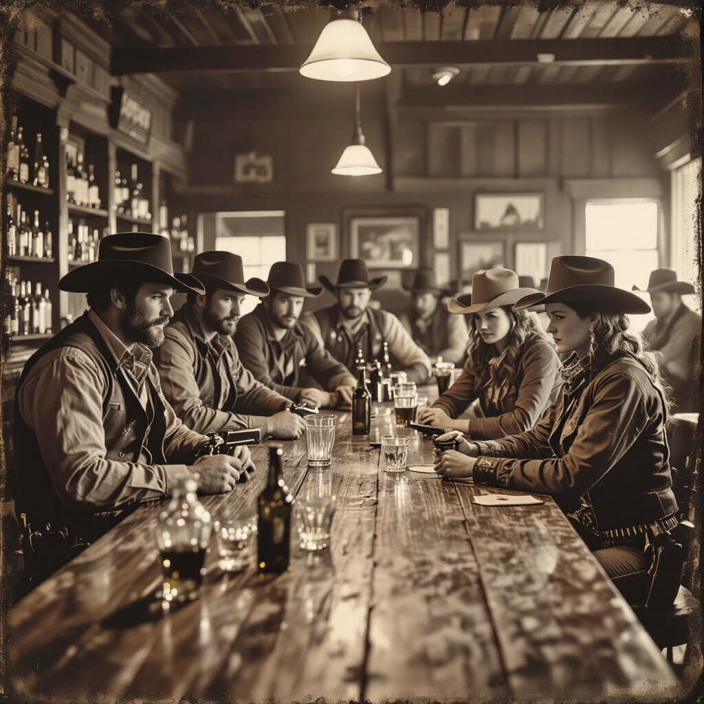 Vintage Wild West Saloon Scene with Cowboys and Cowgirls