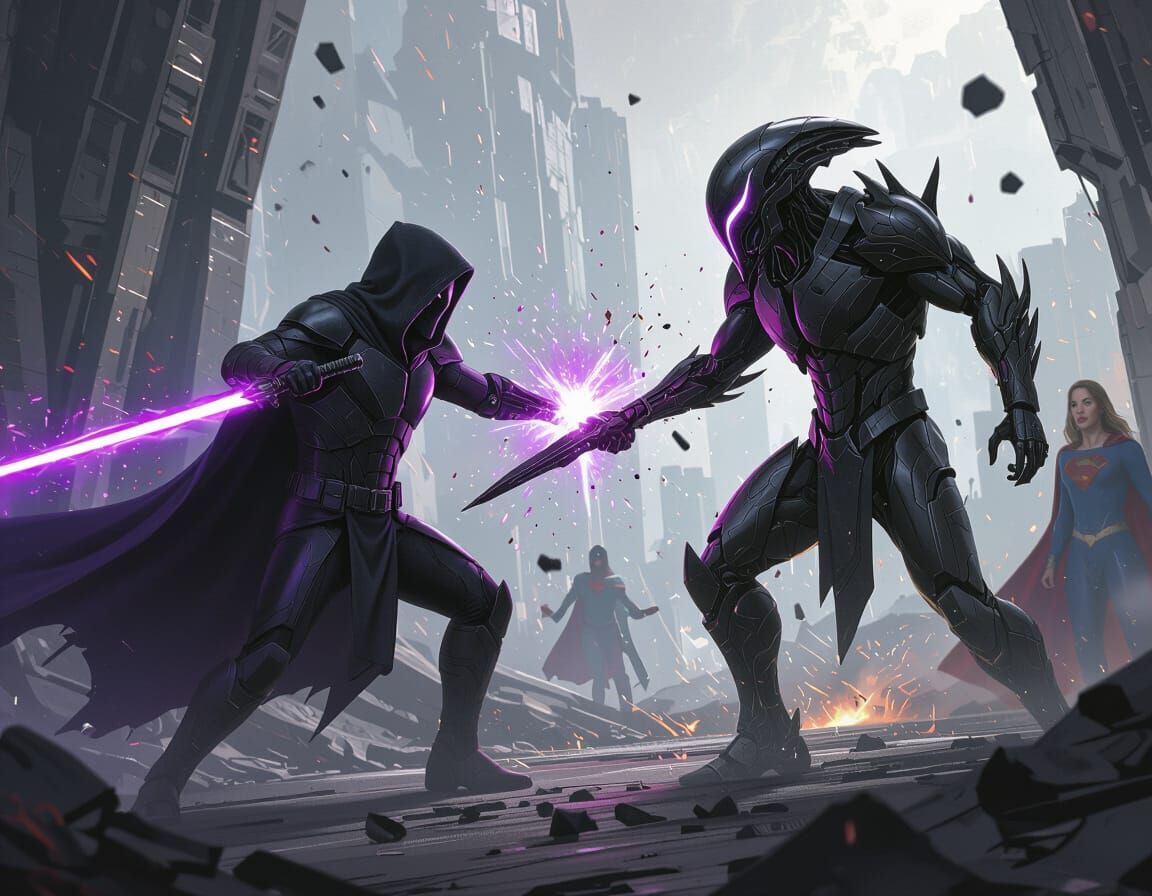 Epic Duel: Sci-Fi Warriors Clash in Dramatic Lighting