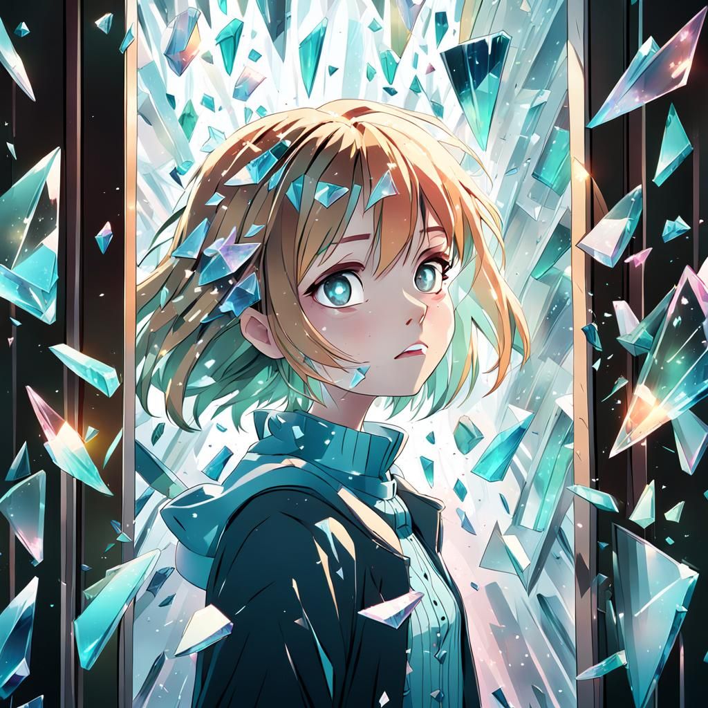Anime Girl Surrounded by Floating Glass Shards