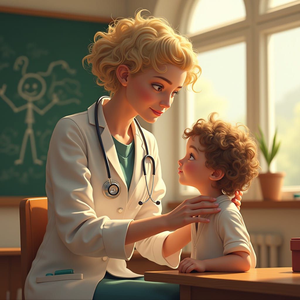 Compassionate Doctor Examines Young Patient in Bright School...